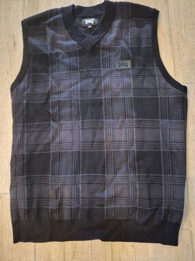 PXG Mens Black & Gray Plaid Sleeveless V-Neck Sweater Vest Size M Back Pocket